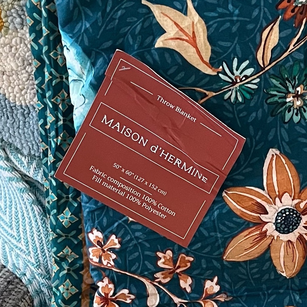 NWT Maison d'Hermine Throw Blanket Cotton Bed 50'' X 60'' Luxury Loft Dark Teal - Picture 4 of 8
